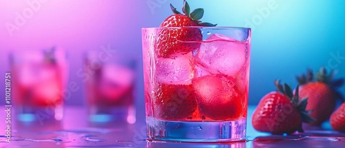 Refreshing cocktail with strawberries and ice, vibrant colors and stylish presentation for summer enjoyment. photo