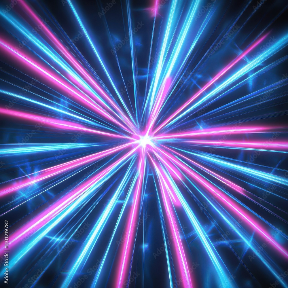 Obraz premium Vibrant laser beams in pink and blue create a stunning visual effect against a dark background.