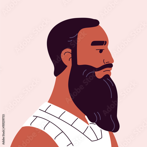 Adult man avatar with long zz beard. Square shape portrait of person with mustache for user profile. Male with moustache has serious expression on face side view. Flat isolated vector illustration