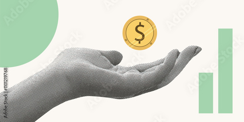 Contemporary Halftone Collage Hand for investments concept, marketing, trading. Online Stock banner with finance elements, coins, money. Vertical invest or business poster. Vector illustration.