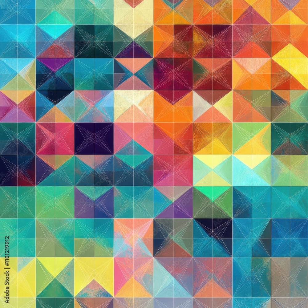 Fototapeta premium A vibrant abstract pattern featuring a mosaic of colorful triangles in various shades and textures.