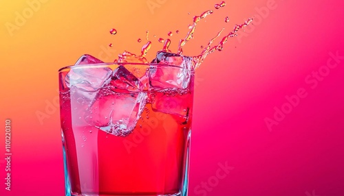 A refreshing drink splashing in a glass with ice against a vibrant gradient background. photo