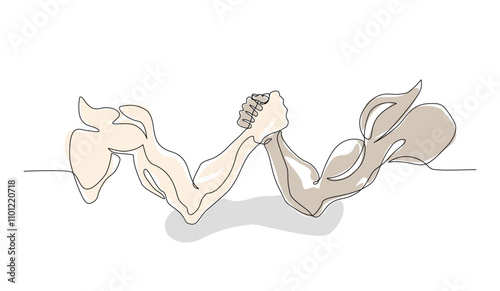 Continuous line of two arms of men measure their strength, arm wrestling hand drawn, Test of strength, arm muscle train, Sport, Recreation and lifestyle concept, Vector illustration, Editable stroke 