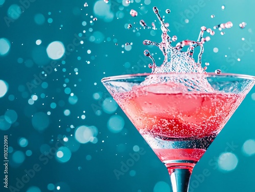 A vibrant cocktail splashing in a glass, with colorful bubbles and a refreshing feel. photo