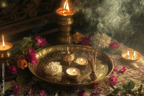 Brass tray, candles, incense, flowers, spiritual ritual. photo