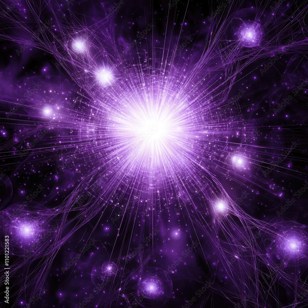 Fototapeta premium A vibrant explosion of purple light radiating from the center of the cosmic space, filled with stars and energy.