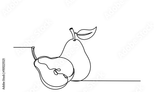 Single continuous line drawing of pear. pear with a leaf on a white background.Slices, whole and half fruits.