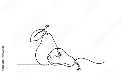 Single continuous line drawing of pear. pear with a leaf on a white background.Slices, whole and half fruits.