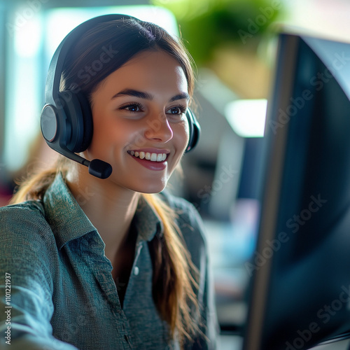 Un técnico de soporte sonriendo mientras ayuda a un cliente a través de una computadora, con gráficos de satisfacción del cliente en segundo plano que muestran flechas ascendentes. Estilo modern