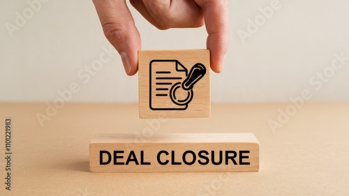 Deal Closure concept ,  a person s hand signing a document paper or contract on a wooden desk signifying the closure of a business deal or agreement The scene represents decision making