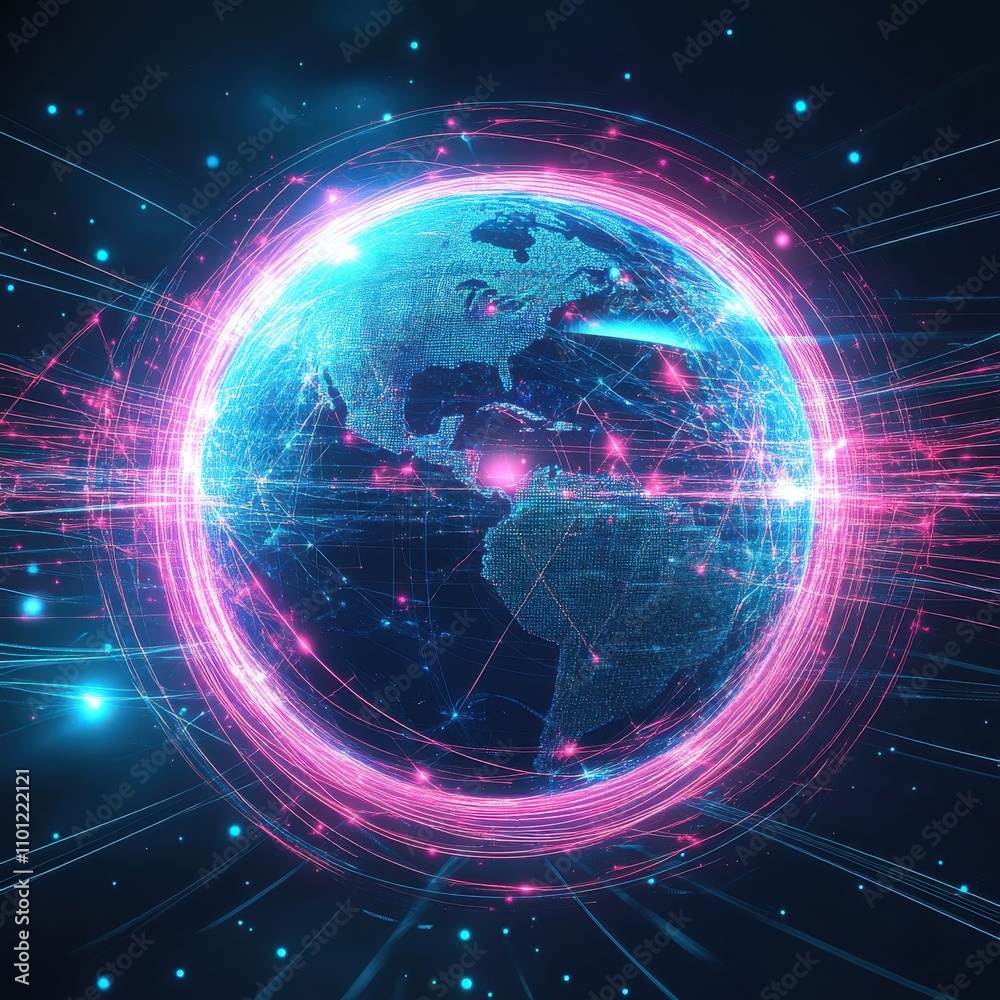 Obraz premium A vibrant digital globe illuminated with neon blue and pink hues, surrounded by dynamic light streaks, symbolizing connectivity.