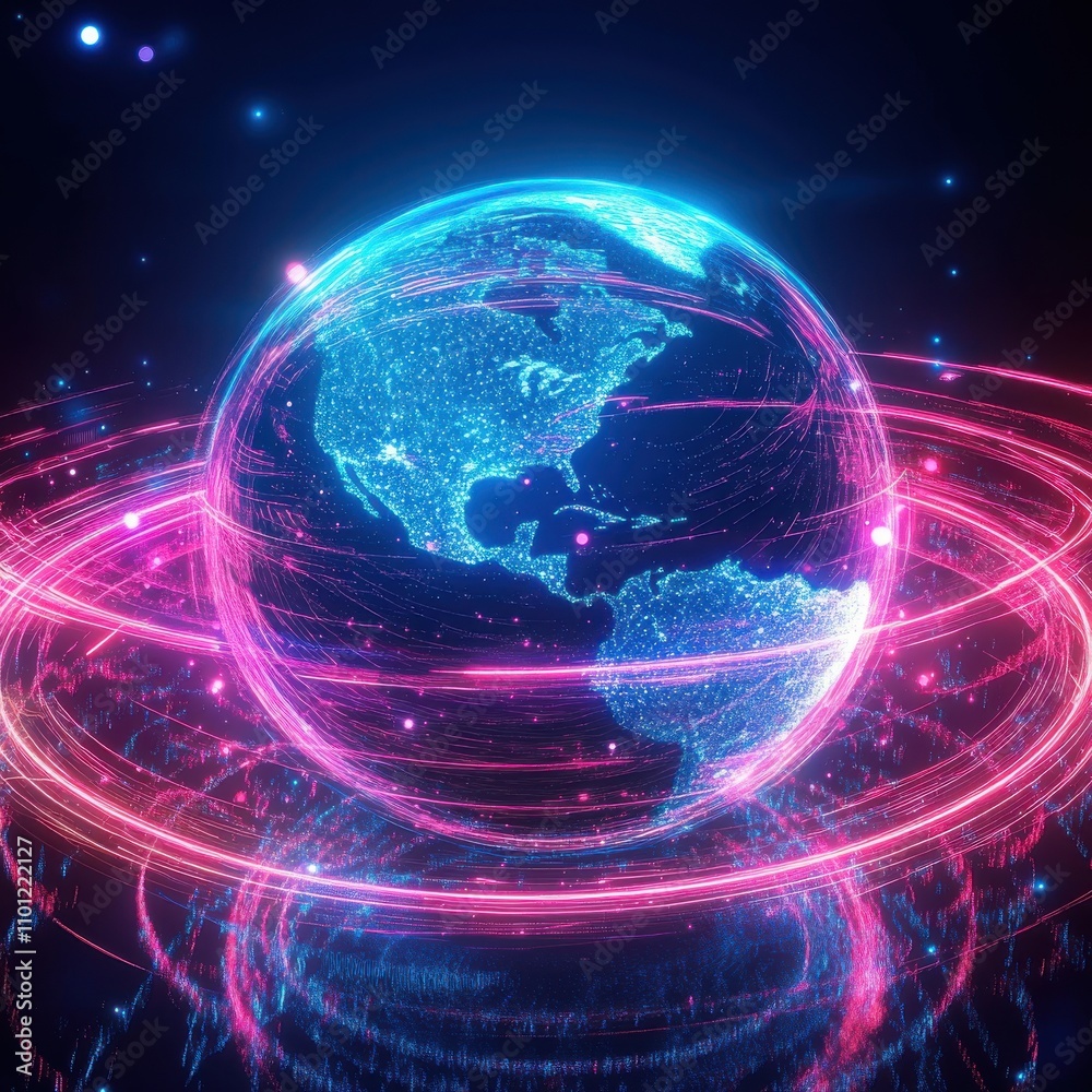 Obraz premium A vibrant digital globe depicting North and South America, surrounded by neon blue and pink trails of light.
