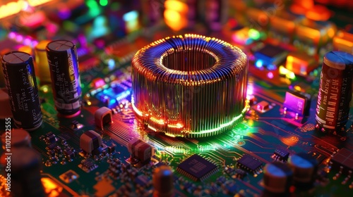 PCB showing toroidal core inductor with tightly coiled copper wire circuit decorated with electrolytic capacitors, resistors, and rainbow spectrum transformers all around  photo