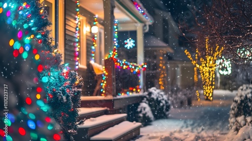 Wallpaper Mural Festive Home Decorated With Christmas Lights In Snowy Night Torontodigital.ca