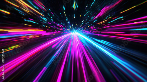 Dynamic neon light trails create futuristic tunnel effect