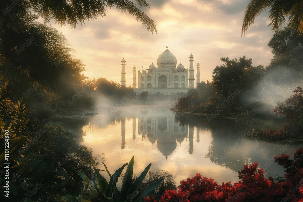 Obraz premium Taj Mahal sunrise reflection, misty water, lush foliage.