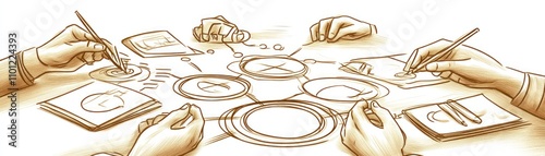 Collaborative brainstorming session with hands drawing and writing on various materials.