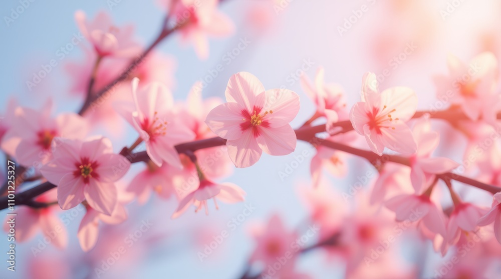 Cherry blossoms in pink against a bright blurred background. Cherry blossoms in pink against a bright blurred background.