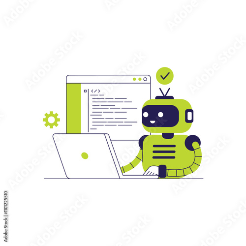 Artificial intelligence robot working with laptop for coding or developing project. Robot online assistance and machine learning