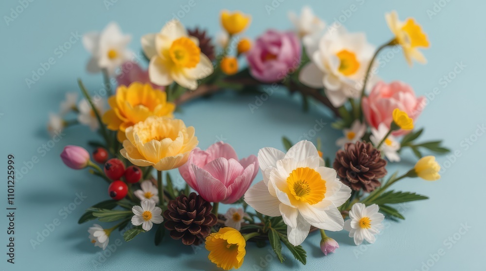 Obraz premium Floral wreath with daffodils and pine cones on a blue background.