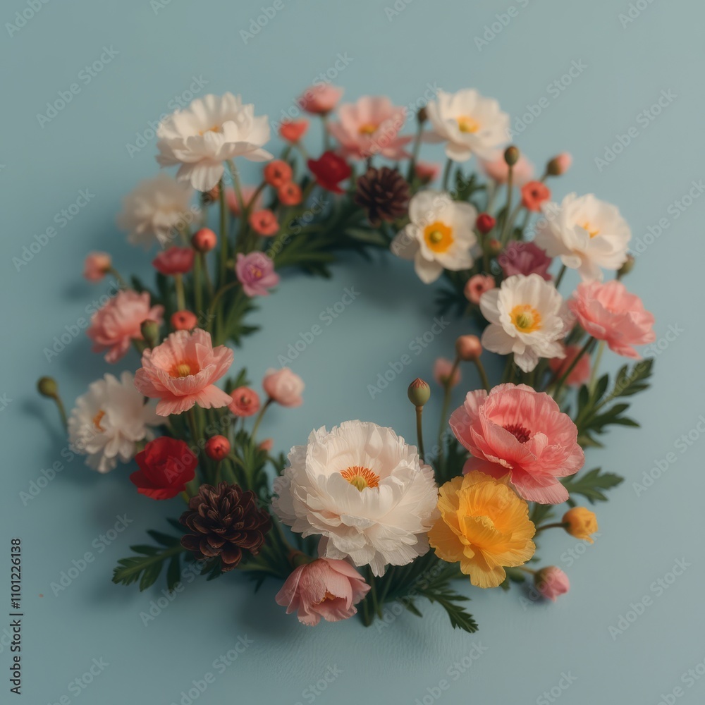 Obraz premium floral wreath with colorful paper flowers on blue background copy space text space.
