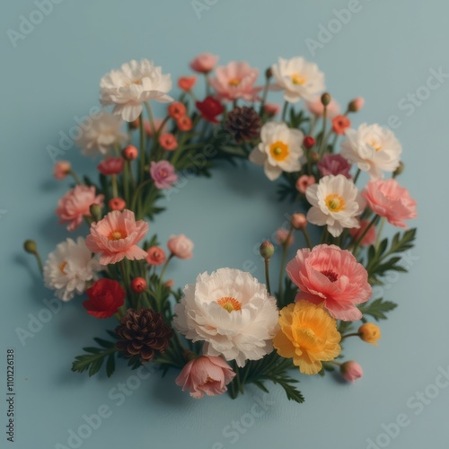 Wallpaper Mural floral wreath with colorful paper flowers on blue background copy space text space. Torontodigital.ca