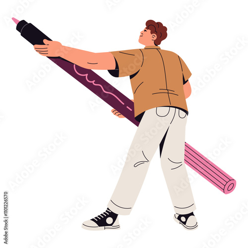 Creative boy carrying colored liner. Happy young man with huge marker for writing, drawing. Tiny people hold big stationery in hands. Education concept. Flat isolated vector illustration on white
