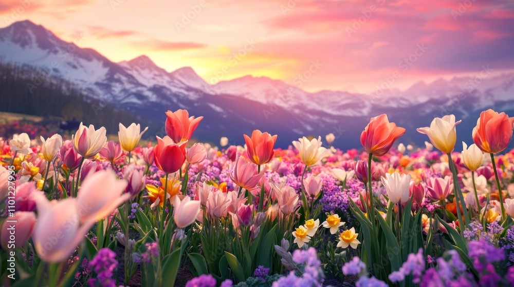 Fototapeta premium Vibrant Tulip Field at Sunset with Mountain Backdrop