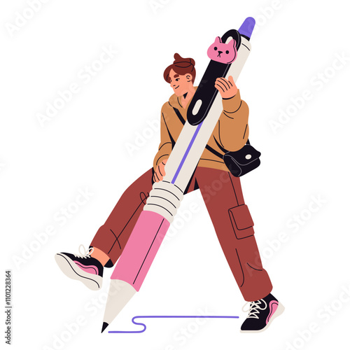 Happy girl writing, takes notes with cute pen. Young woman drawing ink line with ballpoint. Tiny people hold big stationery in hands. Education. Flat isolated vector illustration on white background