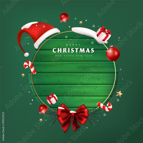 Merry Christmas sign banner green wood frame with empty space and festive decoration