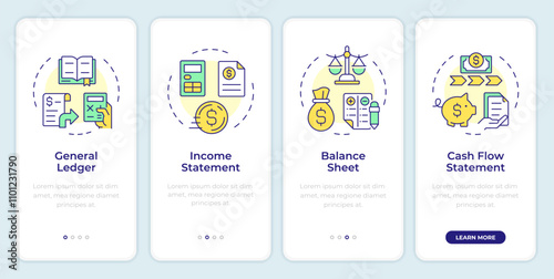 Financial statements onboarding mobile app screen. Walkthrough 4 steps editable graphic instructions with linear concepts. UI, UX, GUI template. Montserrat SemiBold, Regular fonts used