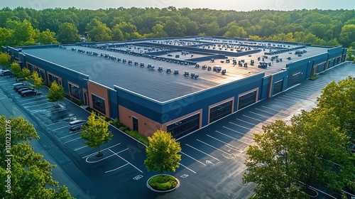 images from a midday drone photo shoot of asphalt shingles and tpo on commercial roofs sunny outside strip mall architectur