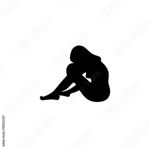 Vector illustration of a minimalist silhouette icon of a woman sitting with her knees raised, conveying introspection and solitude.