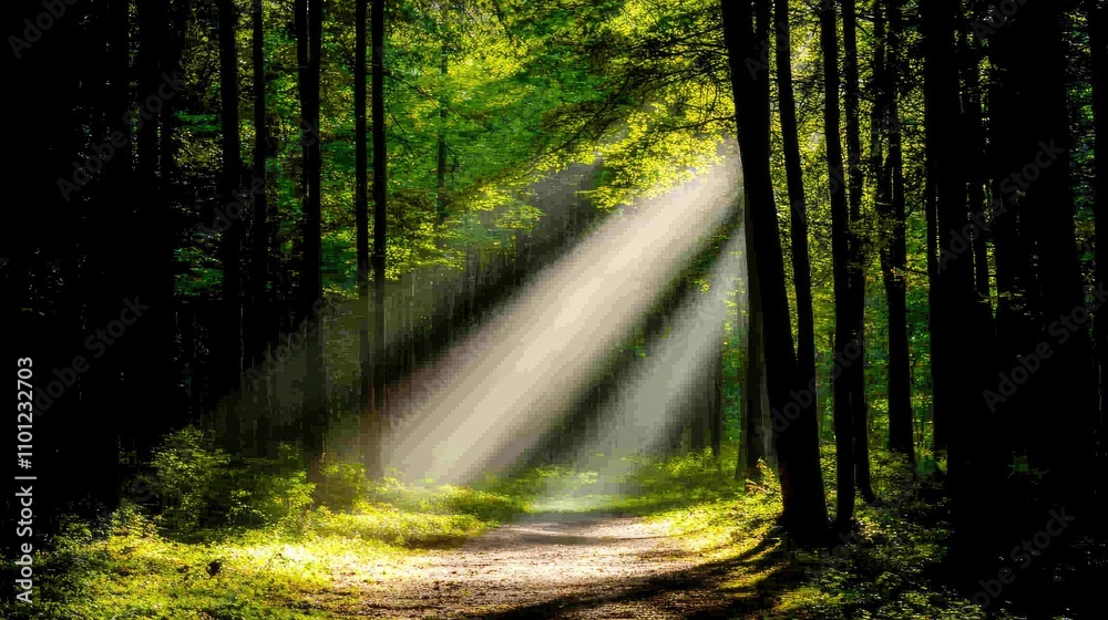 Fototapeta premium Sunlight streams through trees, illuminating a serene forest path lined with lush greenery.