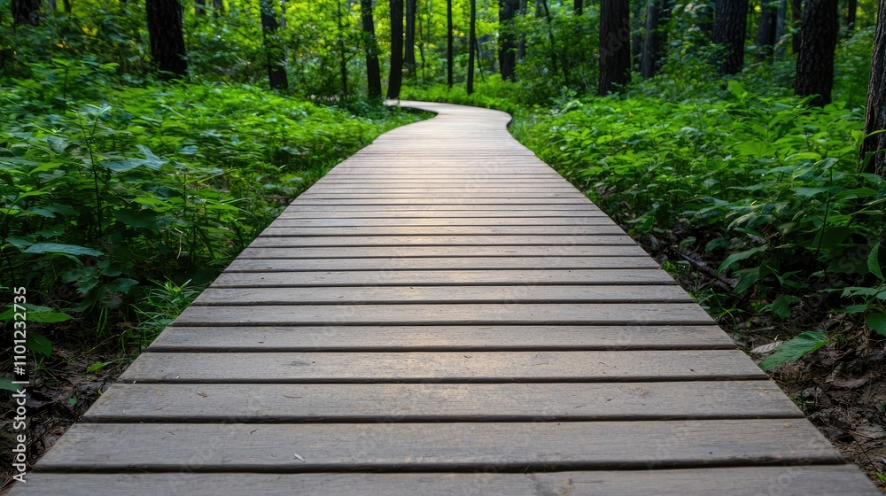 A serene wooden pathway winds through lush green forest, inviting exploration and connection with nature. A serene wooden pathway winds through lush green forest, inviting exploration and connection with nature.
