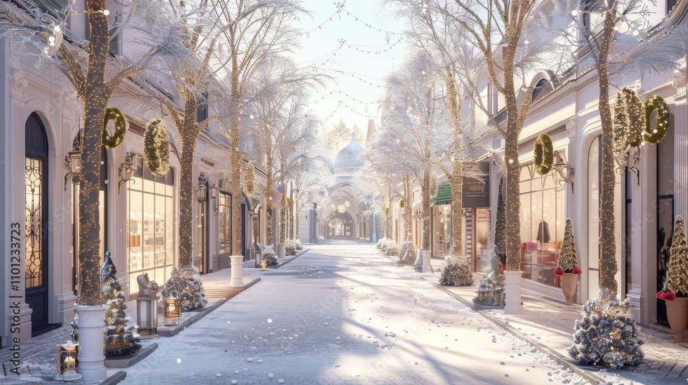 Fototapeta premium Charming winter shopping street romantic scene with beautifully decorated white shops