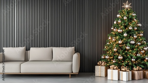 Cozy interior with Christmas tree and gifts. photo