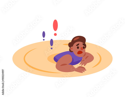 illustration of a man stuck in quicksand. sucked in the sand. need help or assistance to get out of the sand. accident, incident, tragedy and trouble. flat style character design. elements