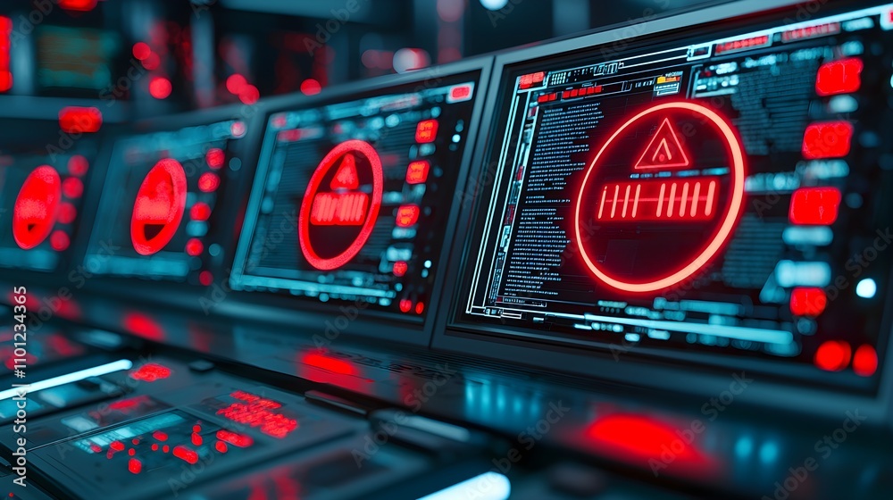 Obraz premium Red Alert System Cybersecurity Monitors