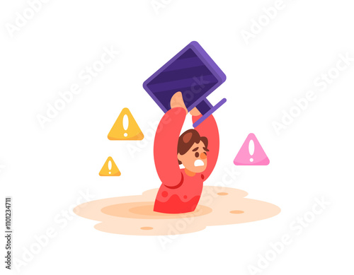 illustration of a man saving belongings from flood. carrying and lifting a tv or monitor to avoid flood water. flood victims. disasters and problems. flat style character design. elements