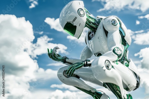 Humanoid robot with white and green armor, crouching on the ground and holding a tiny mouse in its hand. photo