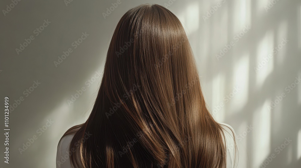 Naklejka premium Beautiful model girl with Brown hair strand,silky healthy chestnut wavy hair strand,hair wavy ribbon, with smooth,Keratin straightening,Treatment,straight long hair,procedures,Smooth hairstyle.
