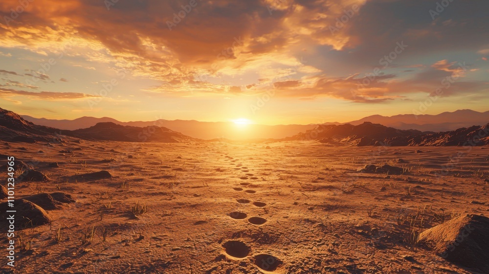 Obraz premium A scenic view of footprints leading away into a vast desert landscape as the sun sets, painting the sky with warm hues and creating a tranquil atmosphere.