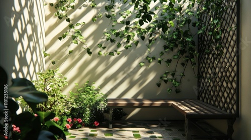 Serene Garden Patio with Wooden Bench photo