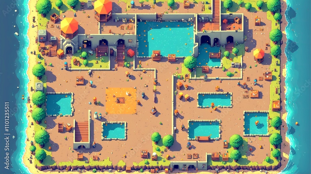 Naklejka premium A Pixelated Paradise: A Fantasy Townscape - A charming pixel art depiction of a bustling fantasy town, filled with colorful buildings, bustling streets, and lush greenery. Old PC video game. 2