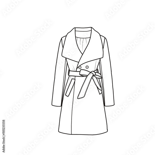 Women dress in belted trench coats overcoats with lapel collars, double-breasted, front pockets, and belted waist