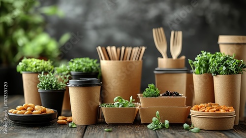 isolated on a white background a set of different cardboard or craft paper take out food containers includes an eco friendly disposable plate cups and cutlery concept of recyclin photo