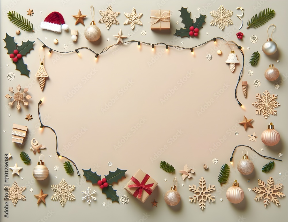 Christmas Decorations with Snowflakes, Bells, Gifts, and Pine Leaves on a Soft Pink and White Background Christmas Decorations with Snowflakes, Bells, Gifts, and Pine Leaves on a Soft Pink and White Background