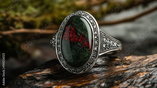 A bold ring featuring a deep green bloodstone with red flecks, framed by diamond accents on a rugged silver band. Ideal for masculine fashion, jewelry, and luxury designs. photo