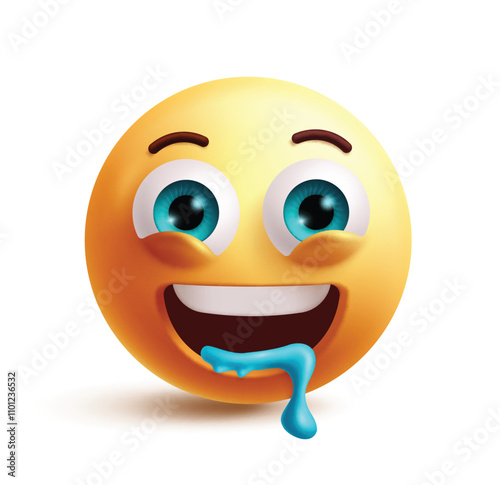 Drooling emoji 3d clipart character. Emoji character in craving face, hungry, thirsty, greedy, happy, open mouth and excited facial expression. Vector illustration drooling emoticon clip art. 
